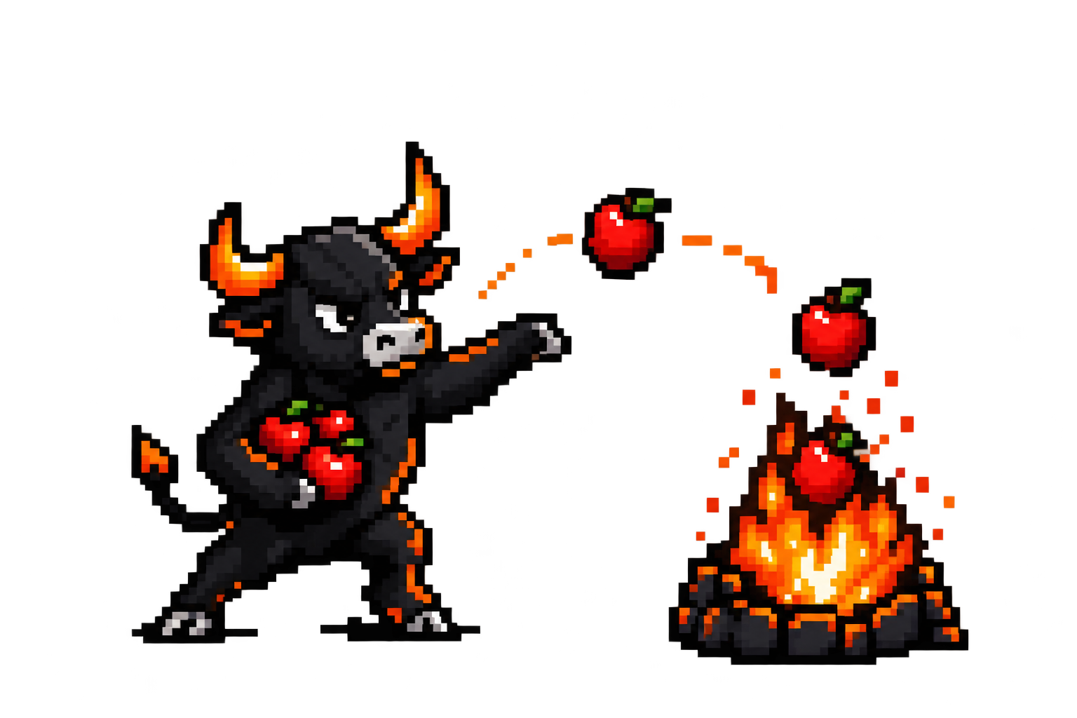Pixel-art bull tossing red apples into a blazing fire