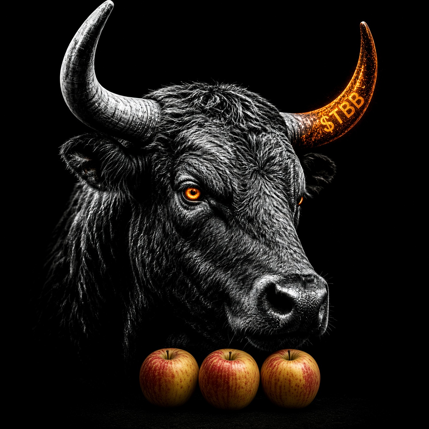 Black bull with orange $TBB horn and three apples